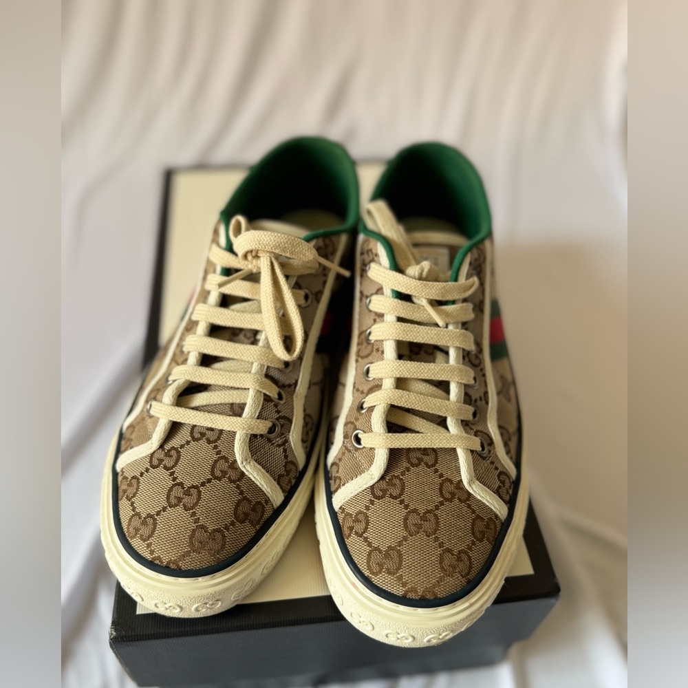Gucci Tan Monogram Sneakers with Green and Red Accents